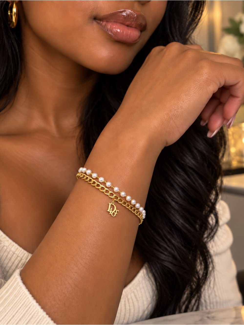 Gold & Pearl Double-Layer Charm Bracelet